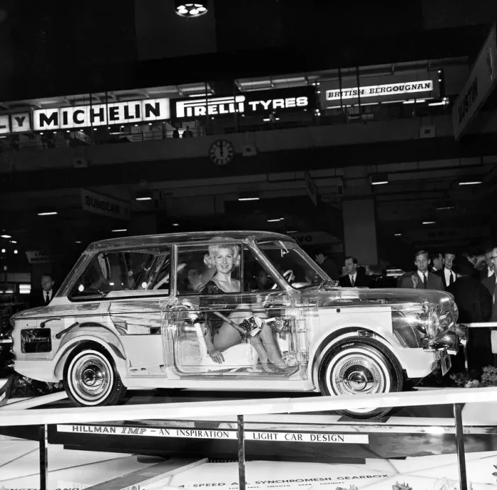 Framed Print : Model Caron gardner sits inside a Hillman Imp built of perspex to show the interior works Framed Print : Model Caron gardner sits inside a Hillman Imp built of perspex to show the interior works