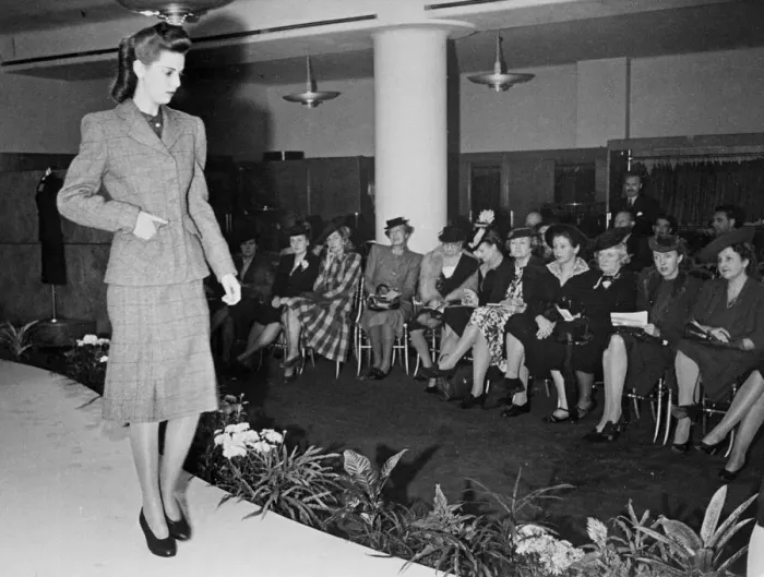 Framed Print : A model on the catwalk at a West End Utility Fashion show in London during the Second