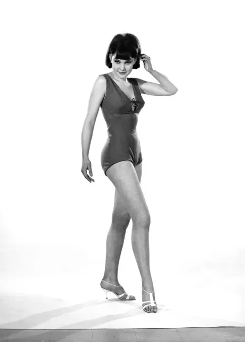 Framed Print : Model, Debbie Attwood, poses in the latest beachwear fashion, Studio Pix, 1963 Framed Print : Model, Debbie Attwood, poses in the latest beachwear fashion, Studio Pix, 1963
