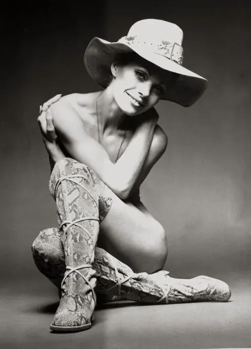 Framed Print : Model Emma Vincent poses wearing python printed suede boots by Gaby
