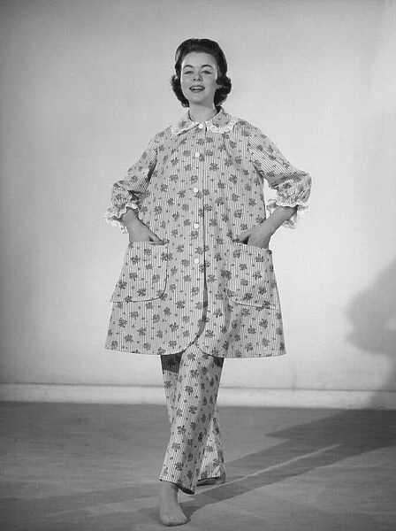 Model Jackie Jackson modelling the Brunch Coat made from a Reveille readers pattern