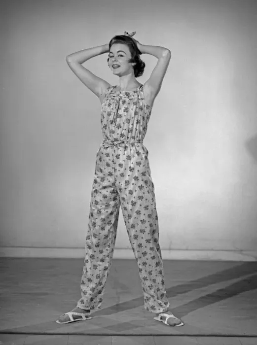Framed Print : Model Jackie Jackson seen here wearing Pinafore pyjamas made from a Reveille readers Framed Print : Model Jackie Jackson seen here wearing Pinafore pyjamas made from a Reveille readers