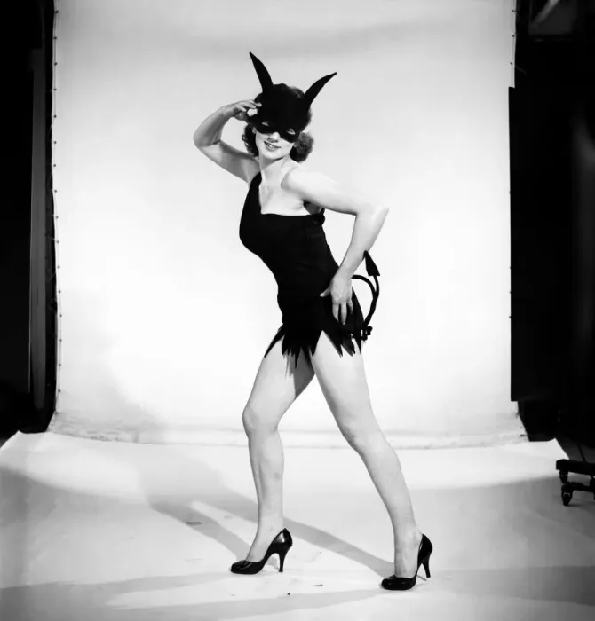 Framed Print : Model Jacqueline Durran dressed as a She Devil. June 1957 Framed Print : Model Jacqueline Durran dressed as a She Devil. June 1957