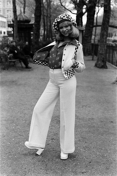 Model Jo Howard pictured wearing Oxford bags and battle blouse - Ready To Wear fashions