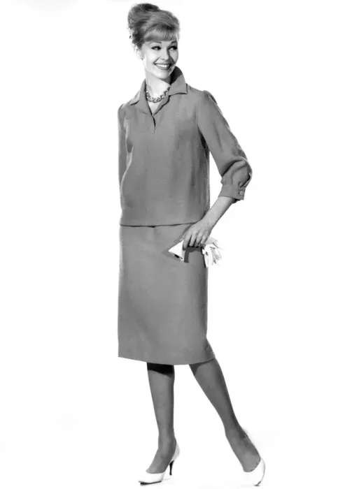 Framed Print : Model Jo Waring wearing matching top and skirt suit. January 1963 P007635 Framed Print : Model Jo Waring wearing matching top and skirt suit. January 1963 P007635