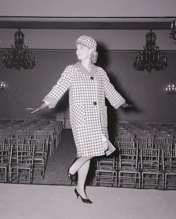 Framed Print : Model Judith Morgan November 1963 Wearing a checked design coat Framed Print : Model Judith Morgan November 1963 Wearing a checked design coat