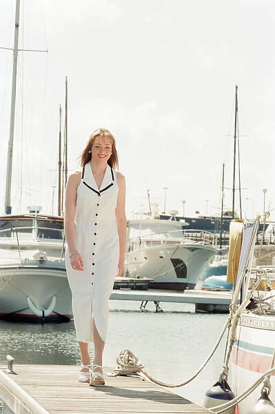 Model, Kelly, wearing Maritime inspired clothing at Liverpool Marina, Merseyside