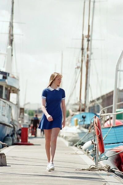 Model, Kelly, wearing Maritime inspired clothing at Liverpool Marina, Merseyside