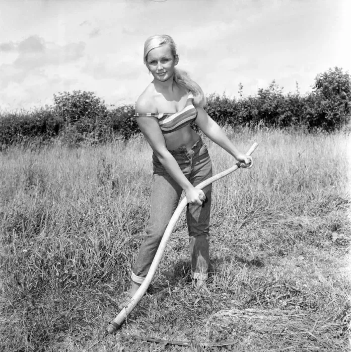 Framed Print : Model Maja Hafernik seen here working on the farm. 1965 E504-004 Framed Print : Model Maja Hafernik seen here working on the farm. 1965 E504-004
