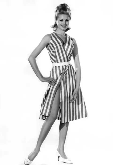 Framed Print : Model Margaret Lorraine wearing striped sleeveless dress with bellt Framed Print : Model Margaret Lorraine wearing striped sleeveless dress with bellt