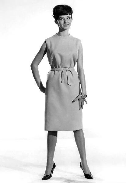 Model Merriel Weston wearing a sleveless three quarter length dress with belt