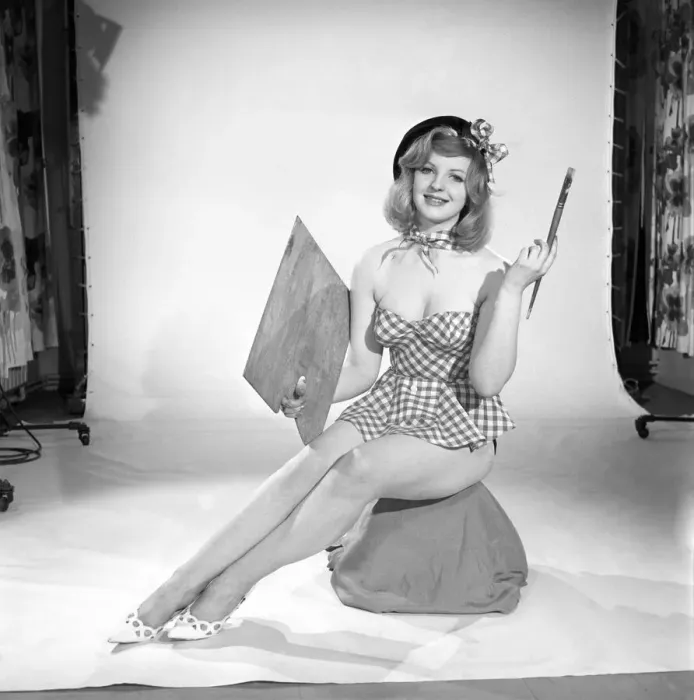 Framed Print : Model Peggy Cage dressed as artist. 1962
