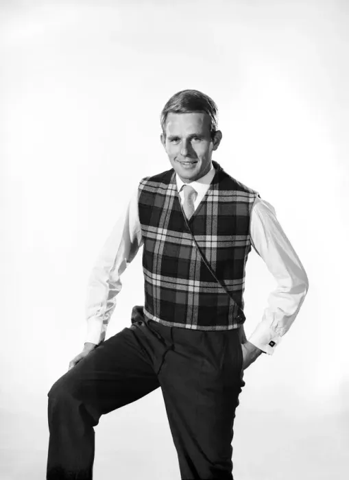 Framed Print : Model Robert Chettle wearing reversable waistcoat. 1960 Framed Print : Model Robert Chettle wearing reversable waistcoat. 1960