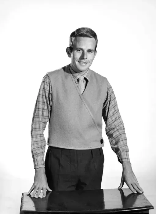 Framed Print : Model Robert Chettle wearing reversable waistcoat. 1960 Framed Print : Model Robert Chettle wearing reversable waistcoat. 1960