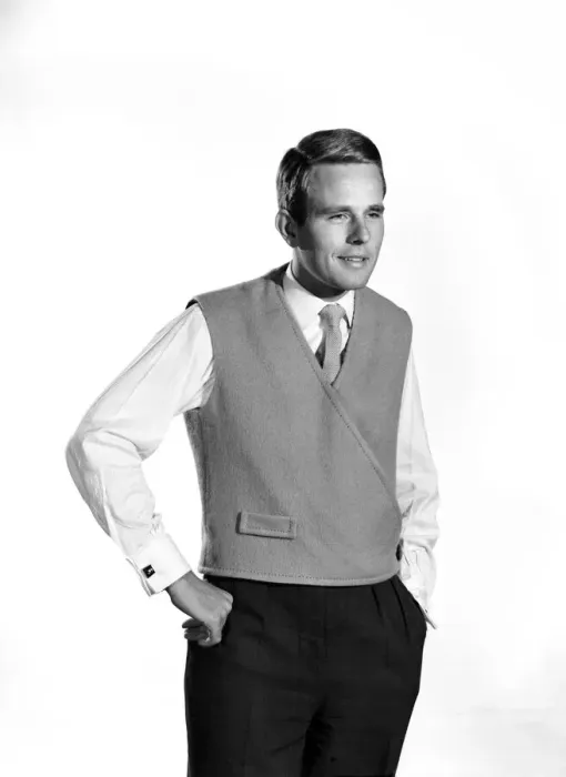 Framed Print : Model Robert Chettle wearing reversable waistcoat. 1960 Framed Print : Model Robert Chettle wearing reversable waistcoat. 1960