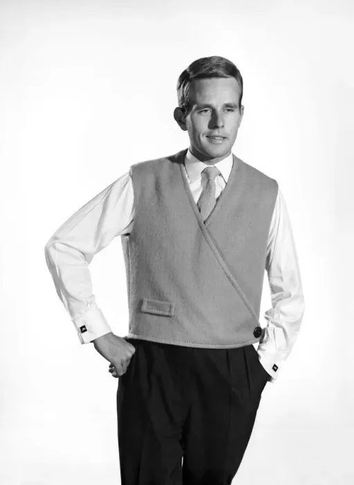 Framed Print : Model Robert Chettle wearing reversable waistcoat. 1960 Framed Print : Model Robert Chettle wearing reversable waistcoat. 1960