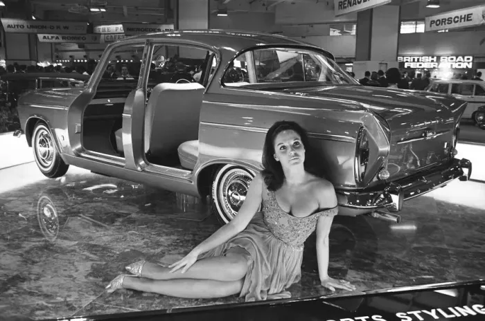 Framed Print : Model sits beside a Humber car at the British International Motor Show in London 19th Framed Print : Model sits beside a Humber car at the British International Motor Show in London 19th