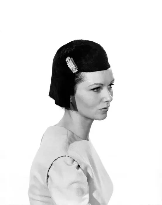 Framed Print : Model Uschi Bernell wearing wig hat. Circa 1959