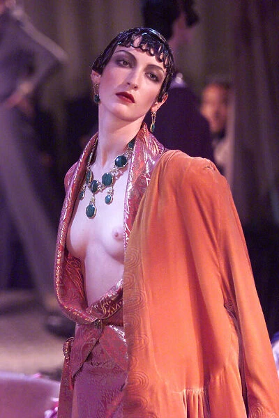 A model wearing a John Galliano Spring  /  Summer 1999 design for Paris Fashion Week