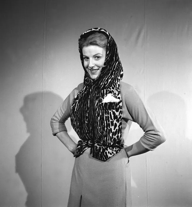 Framed Print : Model wearing a leopard print hooded Fur waistcoat