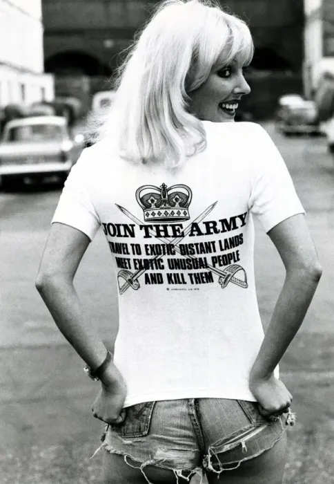 Framed Print : A model wearing a t-shirt with a controversial slogan in a London street August 1976