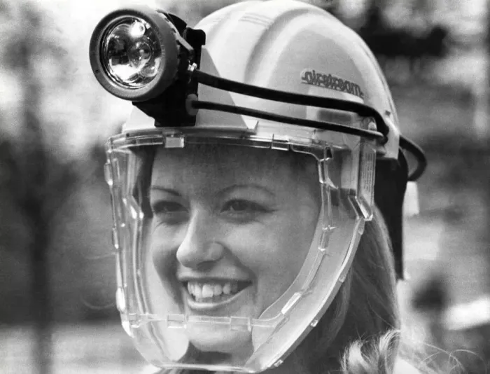 Framed Print : Modelling this Space Age'Helmet for Britains Coal Miners is Britain Framed Print : Modelling this Space Age'Helmet for Britains Coal Miners is Britain