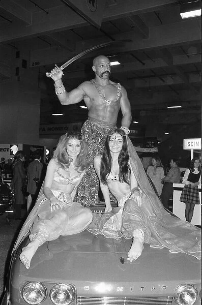 Models dressed as belly dancers on the Reliant stand at the 1971 Earls Court motor show