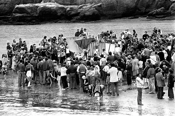 Models of Viking longships are burnt on the beach at Cullercoats Bay in July 1980
