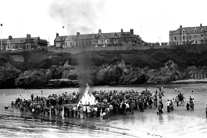 Framed Print : Models of Viking longships are burnt on the beach at Cullercoats Bay in July 1980