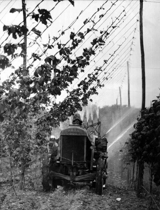 Framed Print : Modern machine for spraying hops to protect them against greenfly