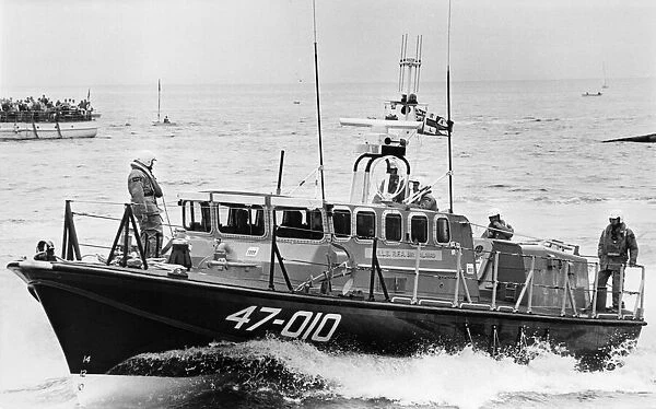 A modern self righting lifeboat, the Tyne class lifeboat 47-010 RFA Sir Galahad, at Tenby