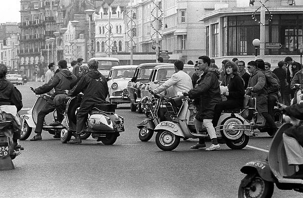 Mods gather on their scooters in Hasting 1964