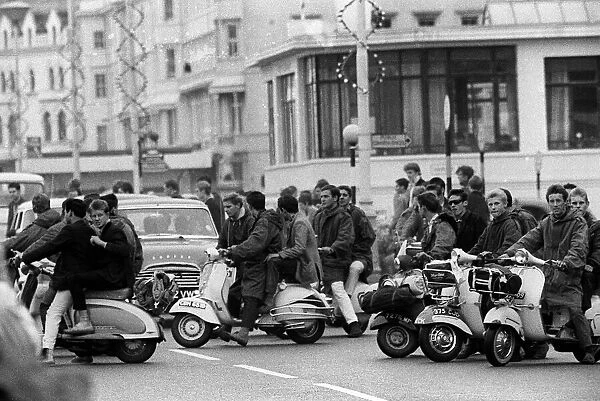 Mods gather on their scooters in Hastings 1964