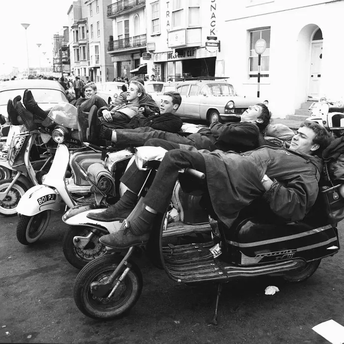 Framed Print : Mods lie back on Vespa Piaggio Scooters on Margate sea front Framed Print : Mods lie back on Vespa Piaggio Scooters on Margate sea front