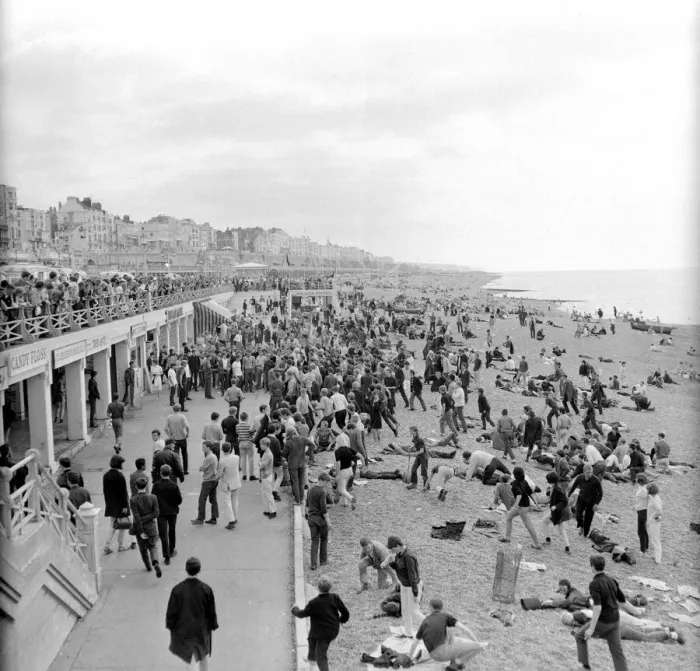 Framed Print : Mods and Rockers clash on Brighton beach during 1964 bank holiday Framed Print : Mods and Rockers clash on Brighton beach during 1964 bank holiday