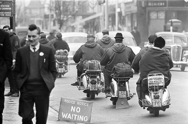 Mods on their scooters seen here leaving Clacton at the end of the bank holiday weekend