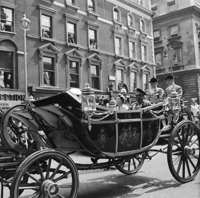 Framed Print : Mohammad-Reza Shah Pahlavi, the Shah of Iran, in the state coach of Queen Elizabeth II