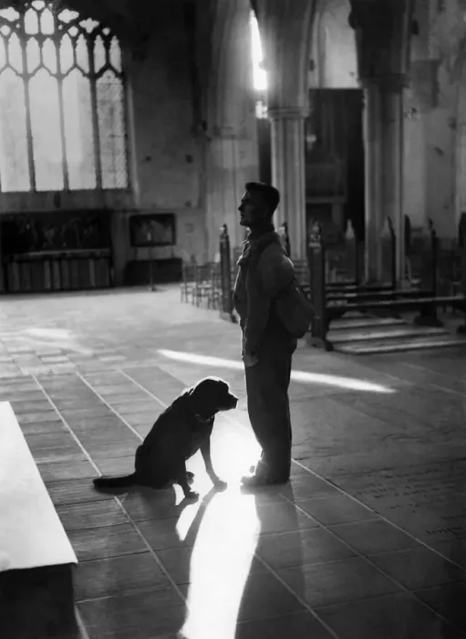 Framed Print : A moment of quiet reflection for a civil defence worker and his rescue dog in a church