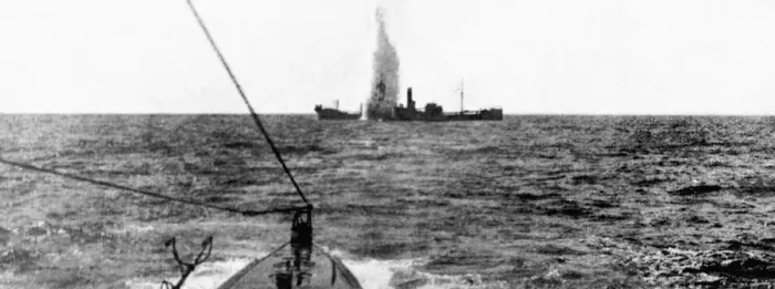 Framed Print : The moment the torpedo from a German U-boat strikes a Allied steamer Framed Print : The moment the torpedo from a German U-boat strikes a Allied steamer