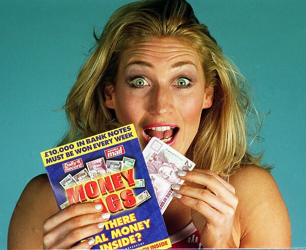 Money Bags cash game January 1998 Ali Paton Siren from Gladiators with twenty pound note