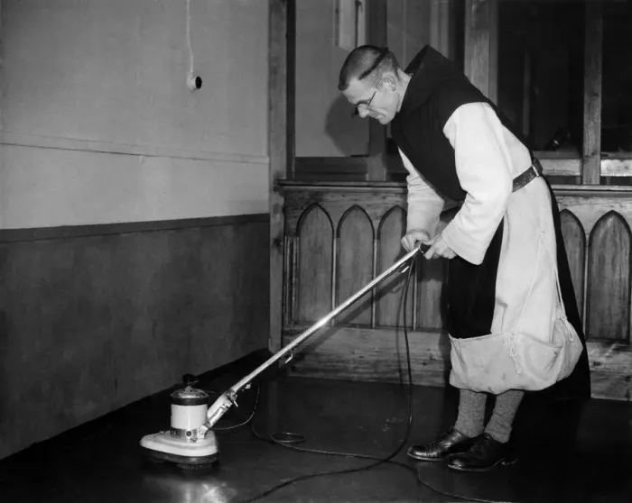 Framed Print : Monk cleaning the monastary floor. February 1948 P000186 Framed Print : Monk cleaning the monastary floor. February 1948 P000186