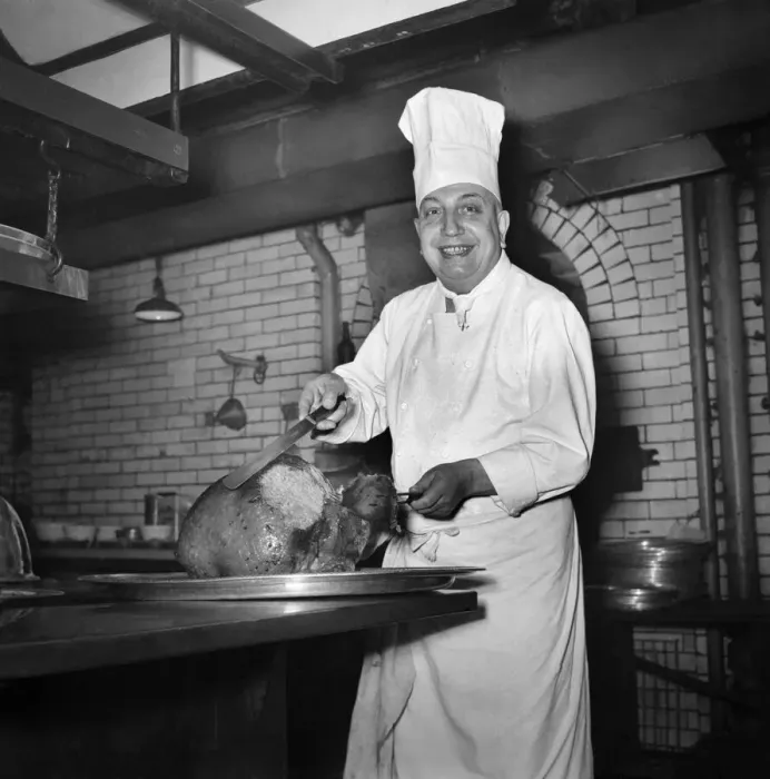 Framed Print : Monsieur Alban, lead chef at Savoy Hotel, with turkey. December 1949 O21983