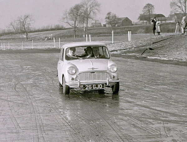 Monte Carlo skid track school January 1960 A Mini cooper trying out the circuit