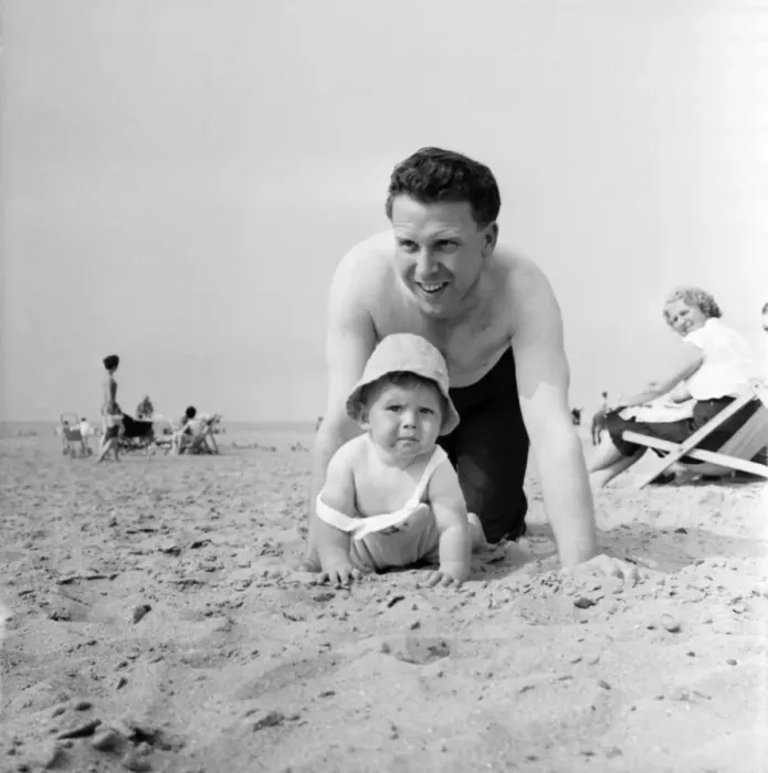 Framed Print : Nine month old Paul Kemshell crawling on the sands at Rhyl with his daddy Mr Framed Print : Nine month old Paul Kemshell crawling on the sands at Rhyl with his daddy Mr
