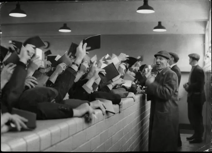 Framed Print : Morning call - foremen choose their workers during the morning call at King George Dock Framed Print : Morning call - foremen choose their workers during the morning call at King George Dock
