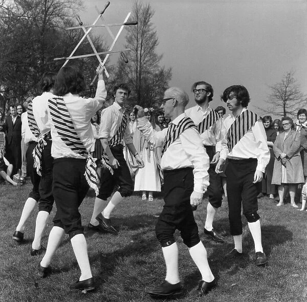 Morris dancer performing during the may day festival. 22nd March 1972 P029096