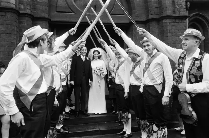 Framed Print : Morris Men at a wedding in South Bank, Middlesbrough. 1971