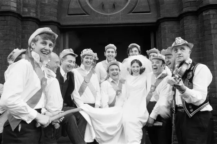 Framed Print : Morris Men at a wedding in South Bank, Middlesbrough. 1971 Framed Print : Morris Men at a wedding in South Bank, Middlesbrough. 1971