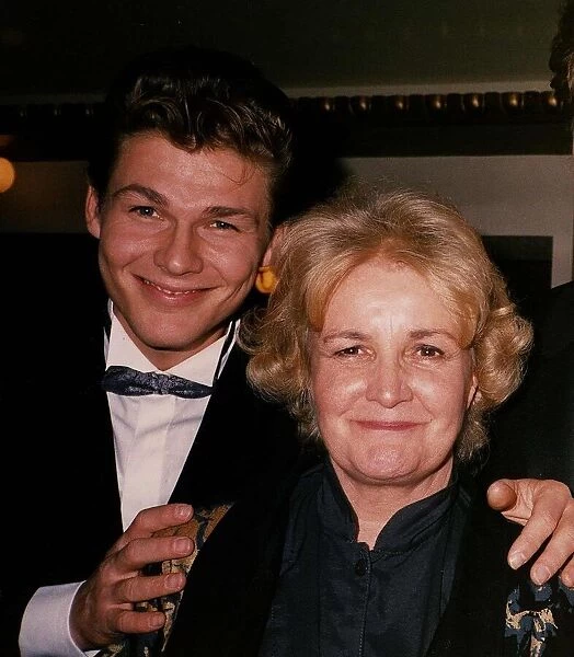 Morten Harket singer of pop group Aha with actress Jean Boht who plays Ma