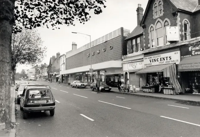 Framed Print : Moseley Village. Tescos 1960s style architecture in Moseley village swamps